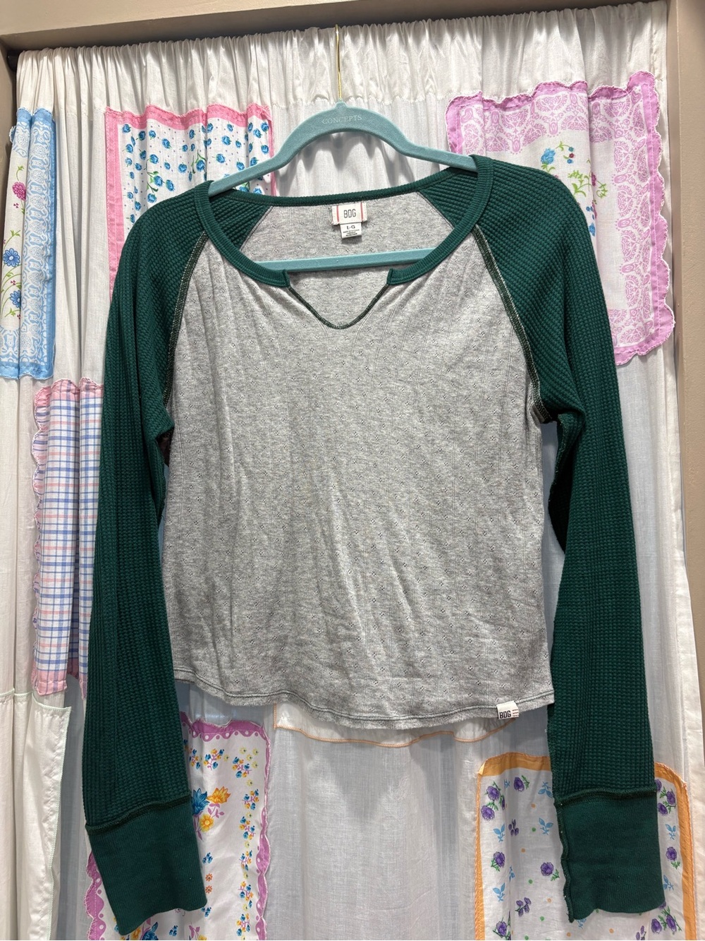 BDG Gray Body with Dark Green Waffle Raglan Long Sleeve Top